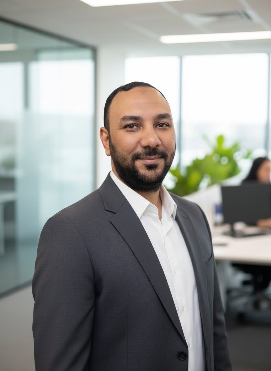 Mahmoud Mehana wearing a dark suit in an office
